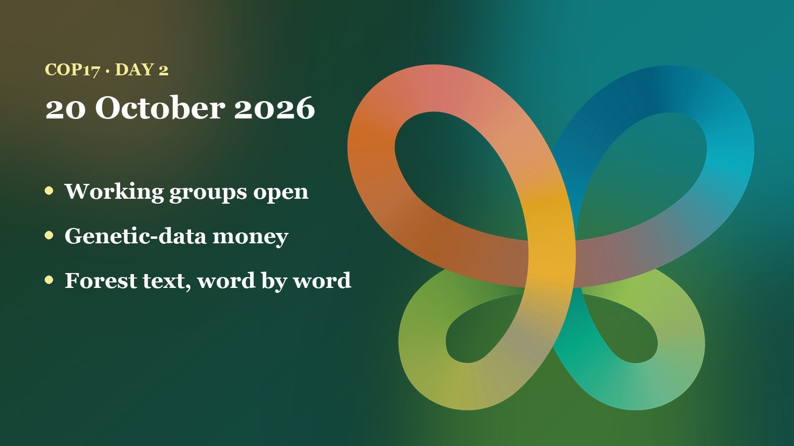 Illustrated card for COP17 day 2 with the COP17 butterfly and the lines working groups open, genetic-data money and forest text word by word