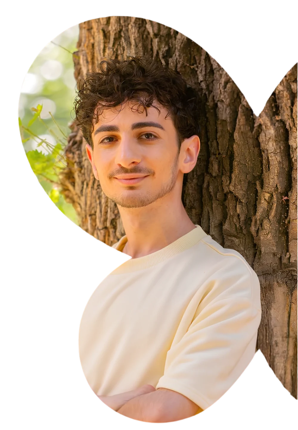 Narek Ohanyan leaning on a tree trunk, his portrait cut into the COP17 butterfly shape