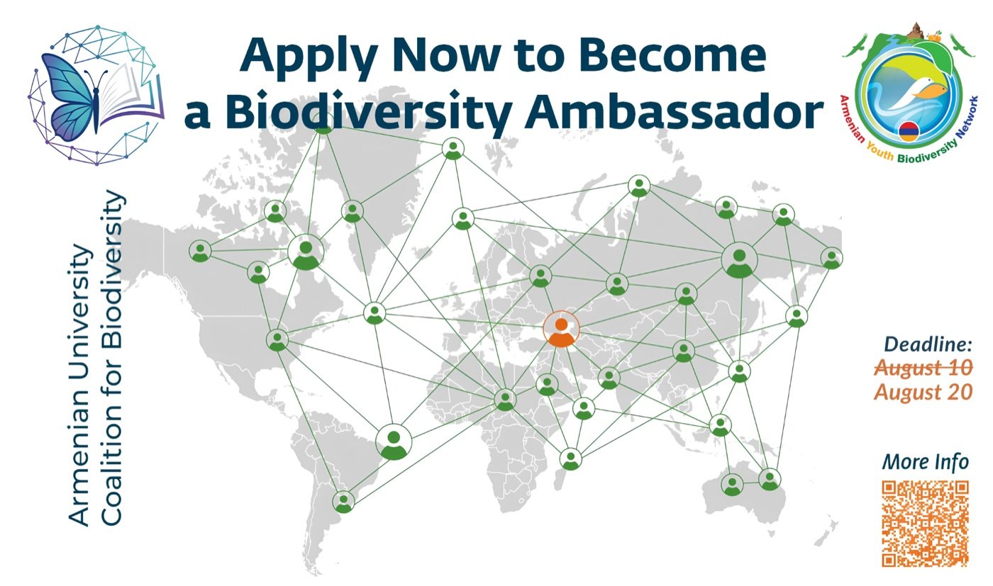 Recruitment poster reading “Apply now to become a Biodiversity Ambassador”, showing a network of figures across a world map with the Armenian University Coalition for Biodiversity logo