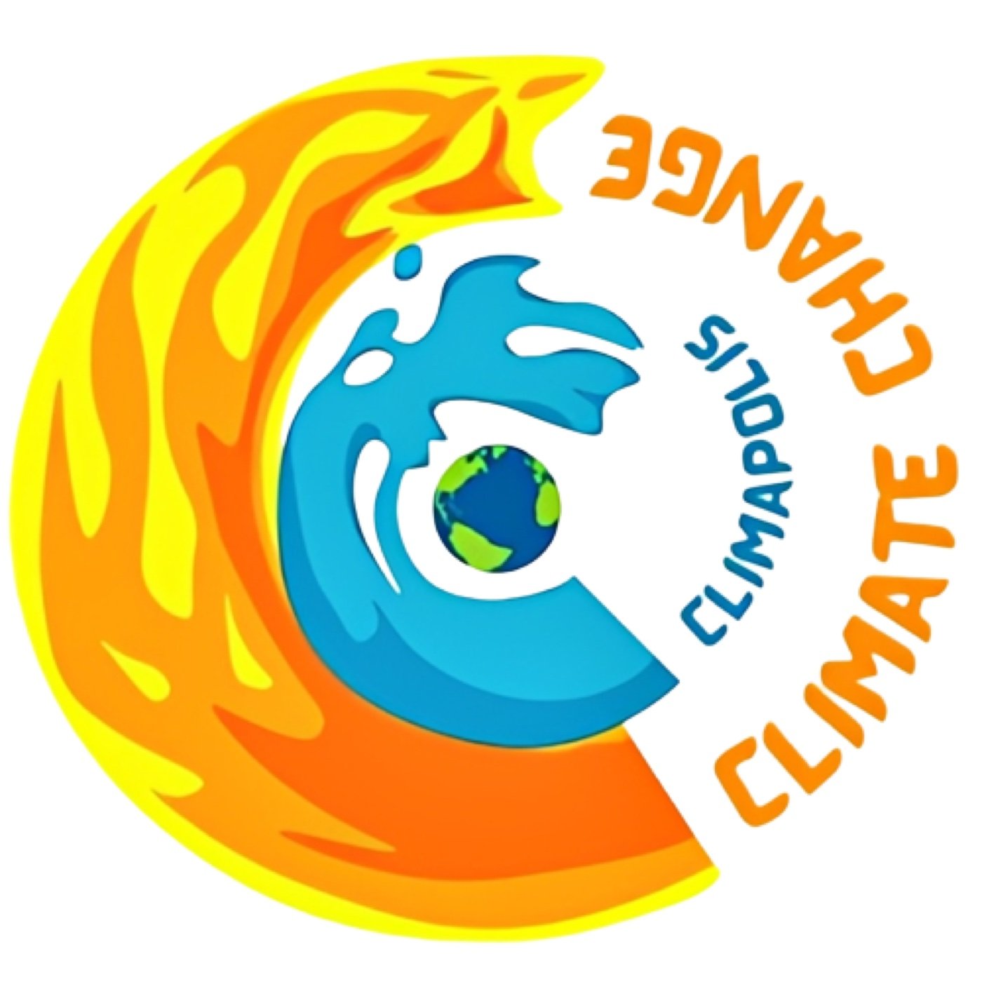 Climapolis emblem — a swirl of fire and water circling a globe, ringed by the words Climate Change