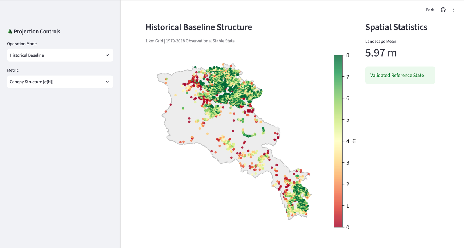 The ARPF web application showing the historical baseline canopy structure of Armenia on a 1 km grid, with a landscape mean of 5.97 metres over the 1979–2018 observational period