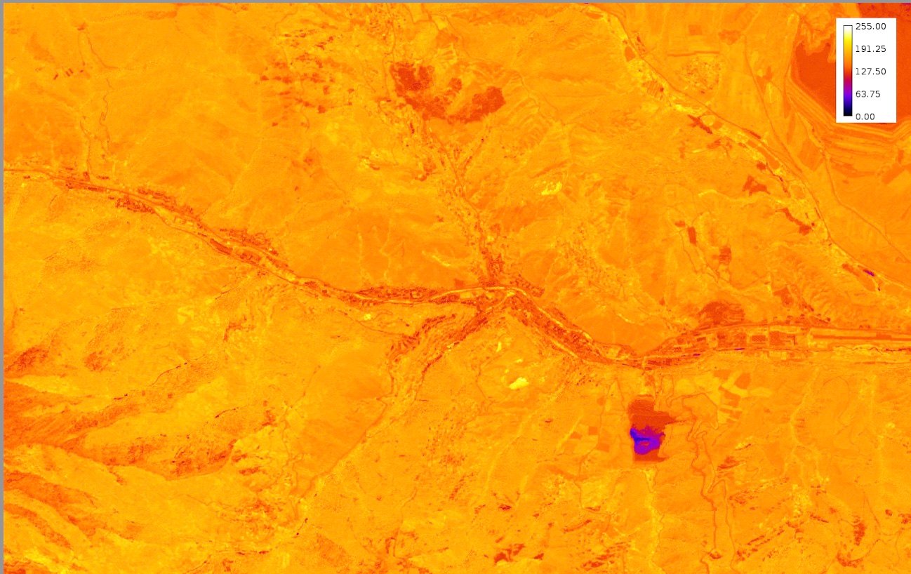 Leaf Area Index raster over Armenian terrain, rendered on a 0–255 colour ramp where deeper reds mark valley floors and roads and lighter tones mark denser canopy
